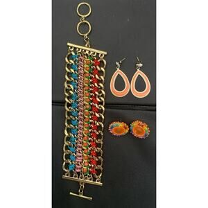 Gold Tone And Bright Multi Color Toggle Bracelet & Fun Bright Earring Lot Boho